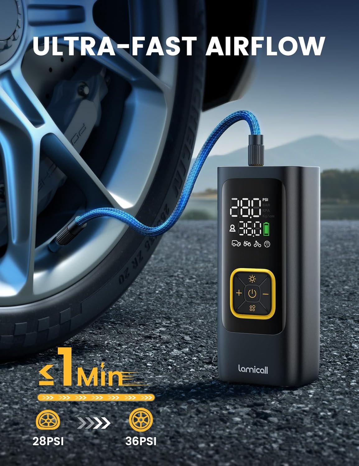 Tire Inflator Portable Air Compressor - Lamicall [4X Faster][150 PSI] Car Bike Air Pump with Rechargeable Battery, Pressure Gauge Display, LED Light, Cordless Pump for Cars, Motorcycle, Bike, Ball